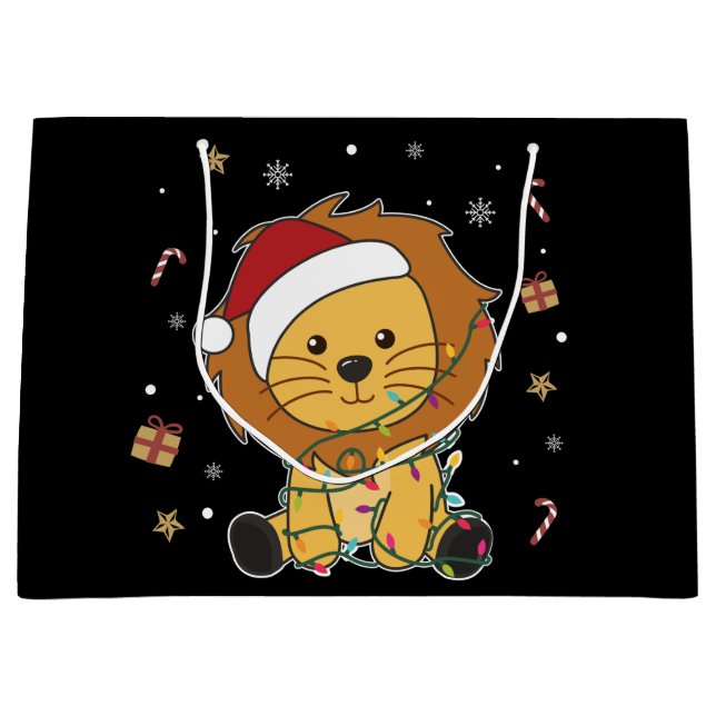 Grand Sac Cadeau Lion Noël Neige Animaux d'hiver Lions Gros Gif (Devant)