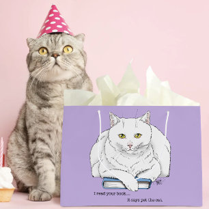 Grand Sac Cadeau Livre de chat blanc drôle lisant humour violet