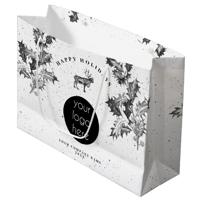 Grand Sac Cadeau Logo de Noël rustique noir et blanc pour les fêtes (Devant Angle)