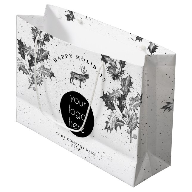 Grand Sac Cadeau Logo de vacances Rustique Noir Blanc Noël Entrepri (Devant Angle)