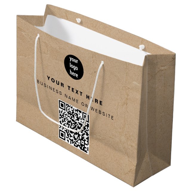 Grand Sac Cadeau Logo d'entreprise code QR Kraft Brun Rustique  (Devant Angle)