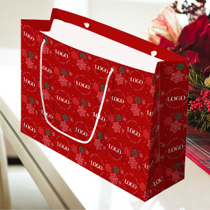 Grand Sac Cadeau Logo d'entreprise personnalisé rouge et flocon de