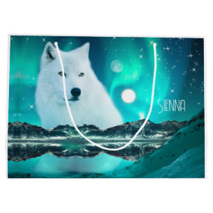 Grand Sac Cadeau Loup arctique et nuit magique avec aurores boréale