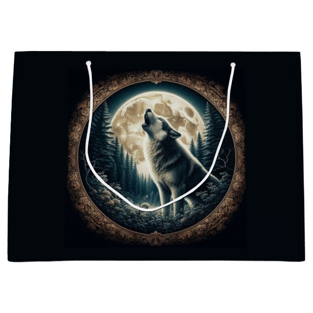 Grand Sac Cadeau Loup vintage et lune classique (Devant)