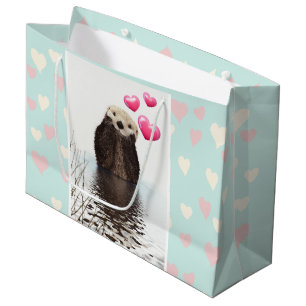 Grand Sac Cadeau Loutre mignonne avec les coeurs roses d'amour