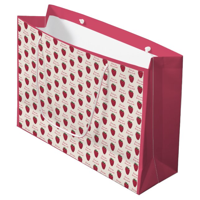 Grand Sac Cadeau Love You Berry Beaucoup Motif framboise rose (Devant Angle)