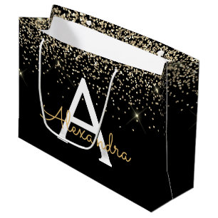 Grand Sac Cadeau Luxureux Paillettes Pailletées Monogramme Or Noir