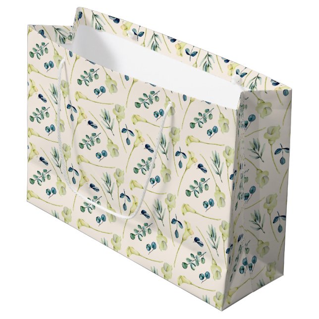 Grand Sac Cadeau Lys calla blanc et eucalyptus  (Devant Angle)