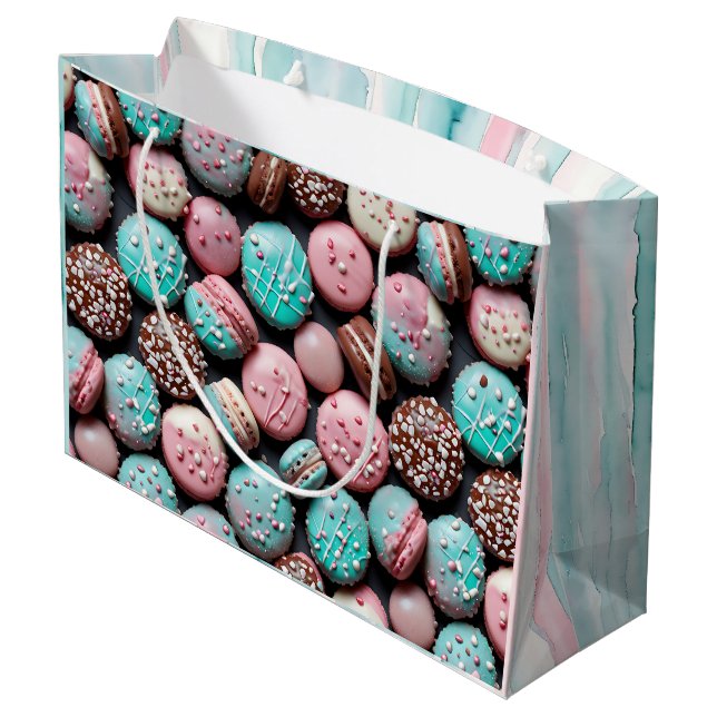 Grand Sac Cadeau Macaron d'anniversaire rose et sarcelle (Dos Angle)
