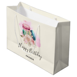Grand Sac Cadeau Macarons et fleurs colorés Aquarelle Anniversaire