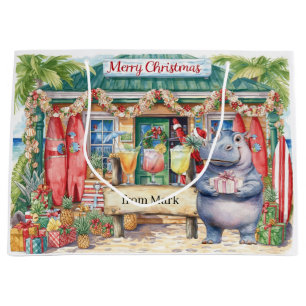 Grand Sac Cadeau Magasin de surf thème de Noël avec Hippopotame et