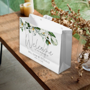 Grand Sac Cadeau Magnolia Blanc Rustique Fleurs Bienvenue Mariage