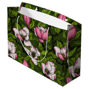 Grand Sac Cadeau Magnolia en floraison sur vert foncé