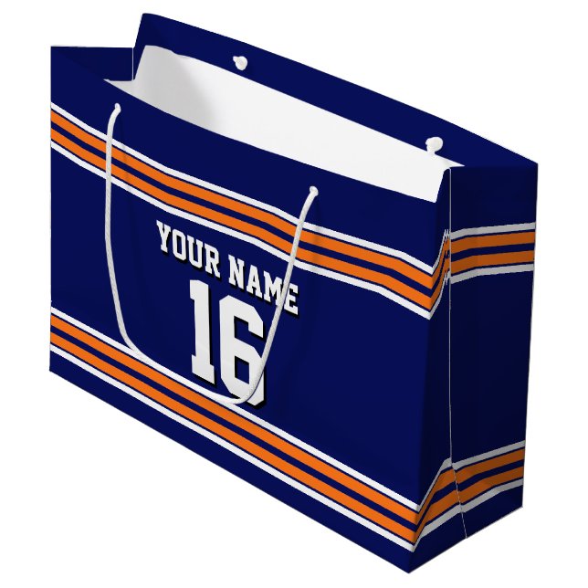 Grand Sac Cadeau Maillot d'équipe bleu marine avec rayures orange e (Devant Angle)