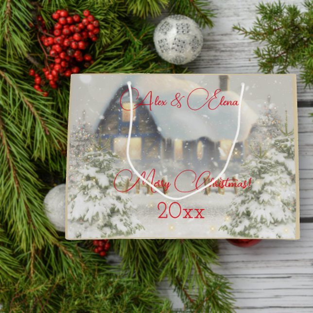 Grand Sac Cadeau Maison d'hiver rétro (Créateur téléchargé)