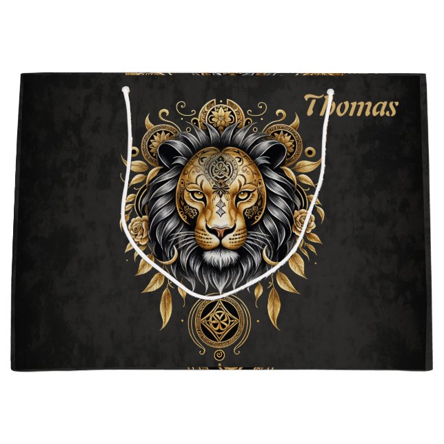 Grand Sac Cadeau Majestic tête de lion doré avec crinière noire. (Devant)