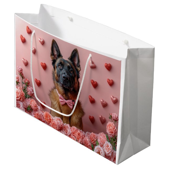Grand Sac Cadeau Malinois belge avec Rose - Saint Valentin (Devant Angle)