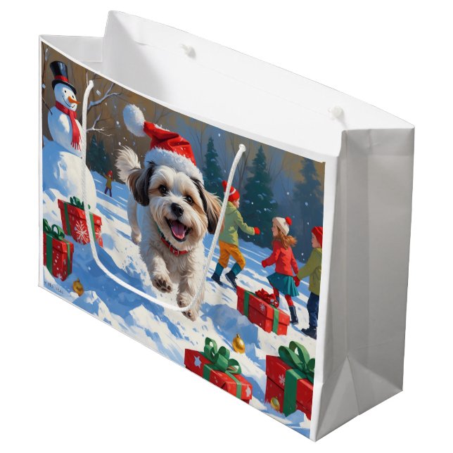 Grand Sac Cadeau Malti Tzu coule en neige avec le Casquette de Noël (Devant Angle)