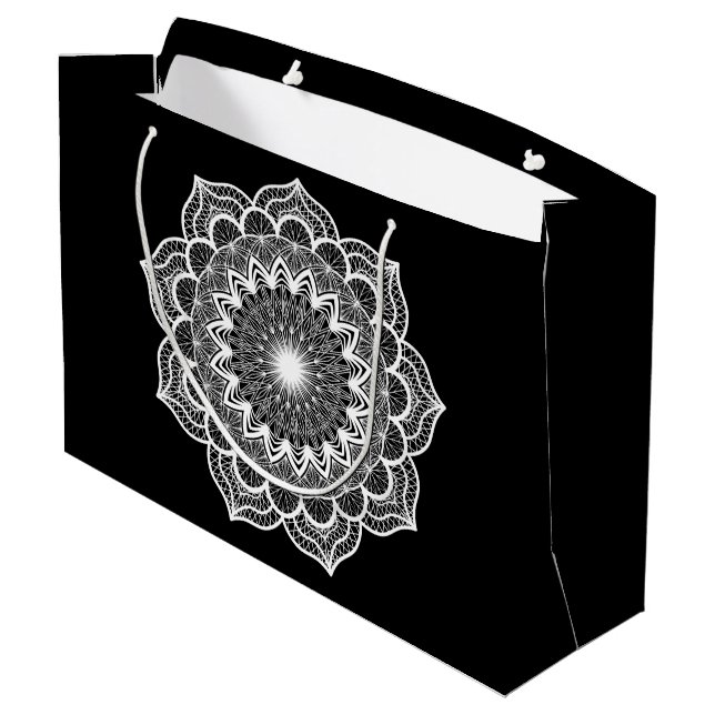 Grand Sac Cadeau Mandala blanc sur fond noir (Dos Angle)