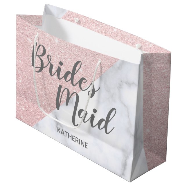 Grand Sac Cadeau Marbre blanc et rose parties scintillant or brides (Devant Angle)