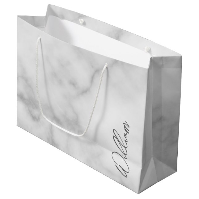 Grand Sac Cadeau Marbre blanc Modern Script Nom personnalisé (Devant Angle)