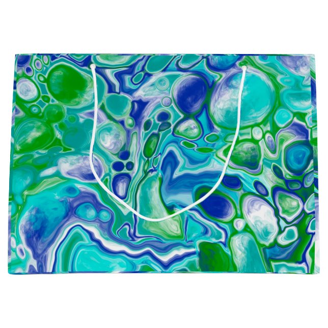 Grand Sac Cadeau Marbre bleu et vert Fluid Art Abstrait (Devant)
