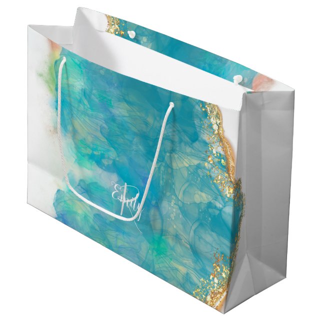 Grand Sac Cadeau Marbre d'Agate turquoise et blanc Nom Abstrait Mon (Devant Angle)