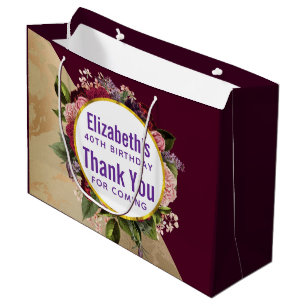 Grand Sac Cadeau Marbre d'or et fleurs de Bourgogne Anniversaire Fa