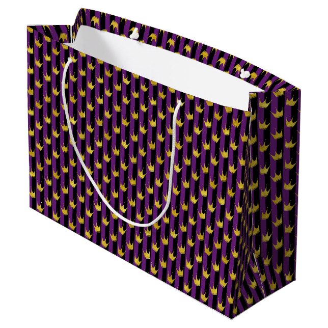 Grand Sac Cadeau Mardi Gras Faux Gold Crowns Purple Black Stripes (Dos Angle)