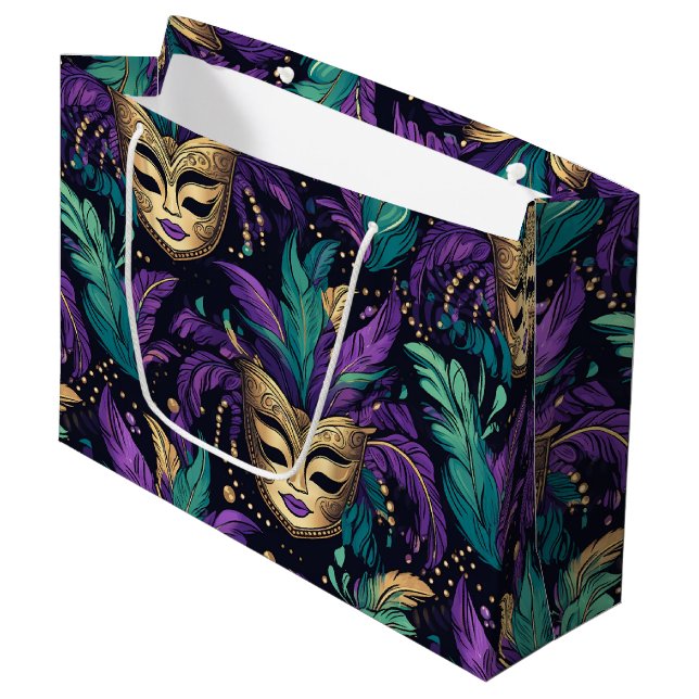 Grand Sac Cadeau Mardi Gras Feathers And Mask (Devant Angle)
