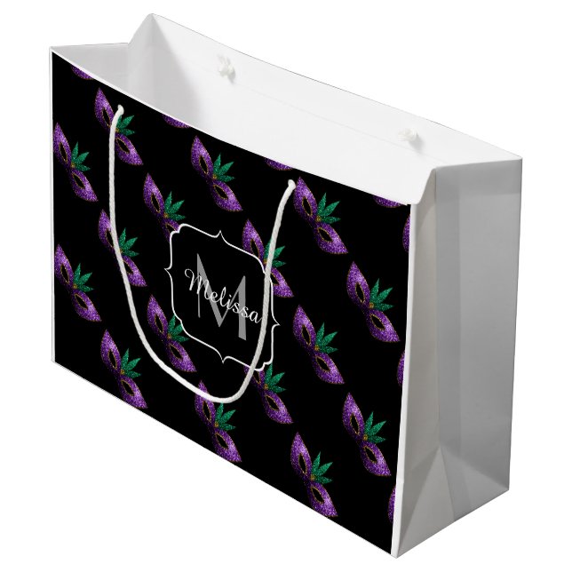 Grand Sac Cadeau Mardi Gras Masque Purple Vert Étincelles Monogramm (Devant Angle)