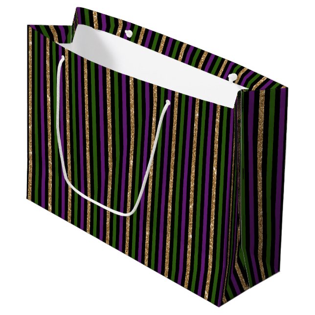 Grand Sac Cadeau Mardi Gras Purple Green Black Faux Gold Stripes  (Devant Angle)
