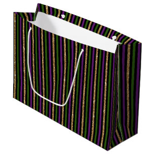 Grand Sac Cadeau Mardi Gras Violet Vert Noir Rayures Faux Or