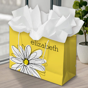 Grand Sac Cadeau Marguerite lunaire jaune et blanc avec texte perso