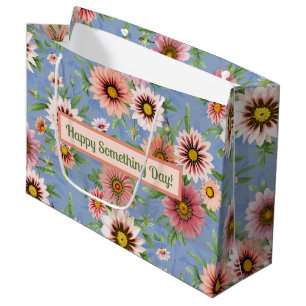 Grand Sac Cadeau Marguerites roses personnalisées sur fond floral b