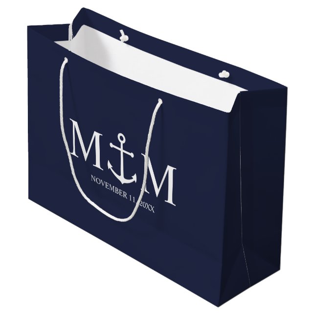 Grand Sac Cadeau Mariage Ancre bleu marine (Devant Angle)