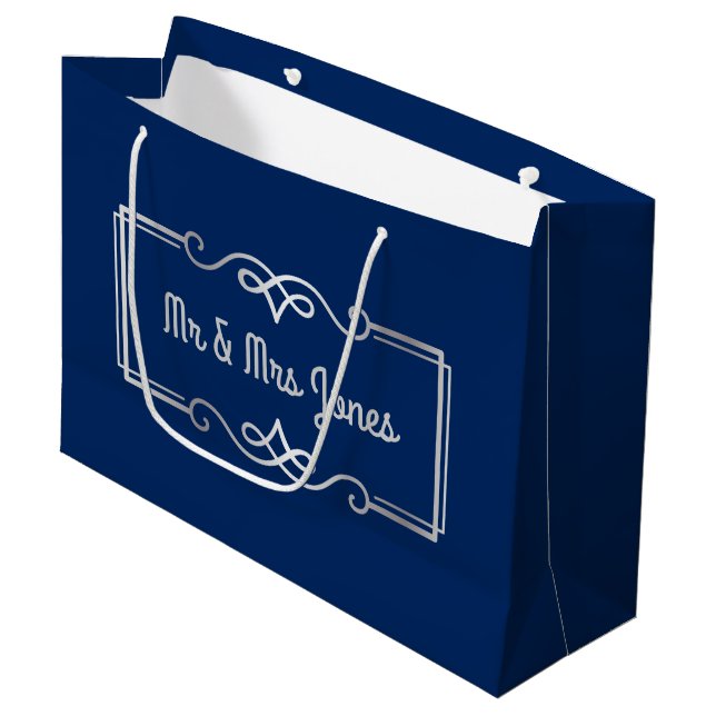 Grand Sac Cadeau Mariage Anniversaire Monogramme Silver Navy Bleu (Devant Angle)
