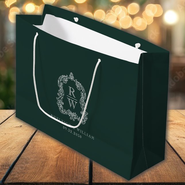 Grand Sac Cadeau Mariage au monogramme de crête de forêt verte (Créateur téléchargé)