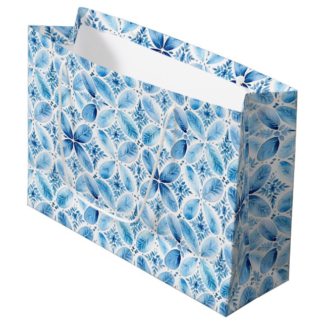 Grand Sac Cadeau Mariage Blanc Bleu Fleur de Batik (Devant Angle)