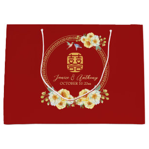 Grand Sac Cadeau Mariage chinois oiseau floral rouge 
