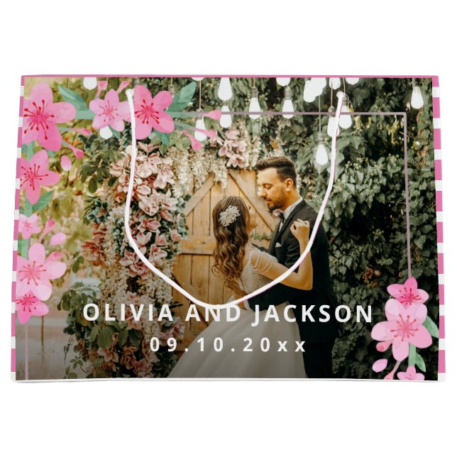 Grand Sac Cadeau Mariage de cadre doré rose fleuri de bienvenue (Devant)