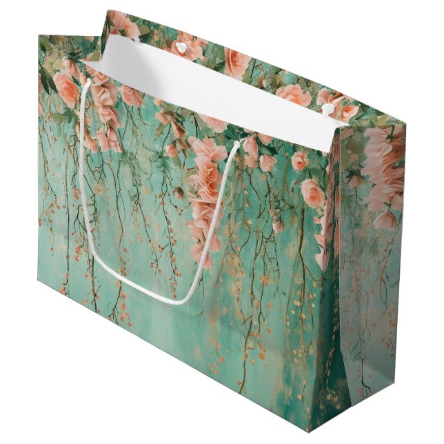 Grand Sac Cadeau Mariage de fleurs de teinte romantique sarcelle (Devant Angle)