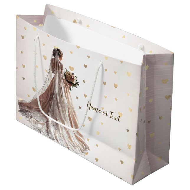 Grand Sac Cadeau Mariage d'hiver de rose Mariée dorée scintillante  (Devant Angle)