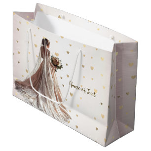 Grand Sac Cadeau Mariage d'Hiver Rose Mariée Doré Brillant Cœur Fêt