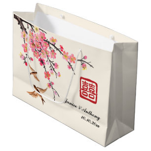 Grand Sac Cadeau Mariage d'oiseau fleuri à l'encre chinoise