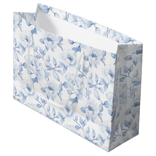 Grand Sac Cadeau Mariage Élégant Fleurs Blanches et Bleues (Devant Angle)