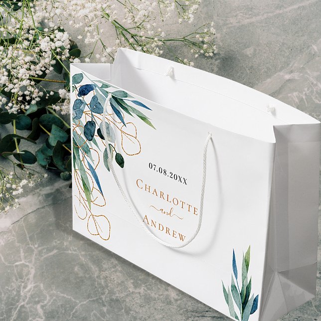 Grand Sac Cadeau Mariage Eucalyptus vert or monogramme (Créateur téléchargé)