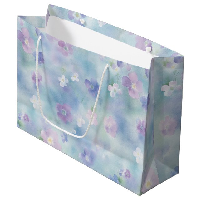 Grand Sac Cadeau Mariage Fleur Blanc Lavande Violet Romantique (Devant Angle)