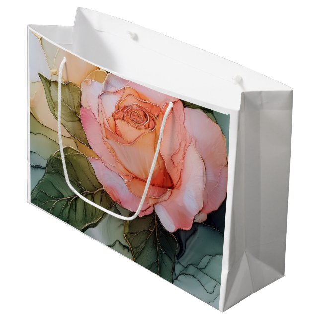 Grand Sac Cadeau Mariage Fleur Rose Pêche (Devant Angle)