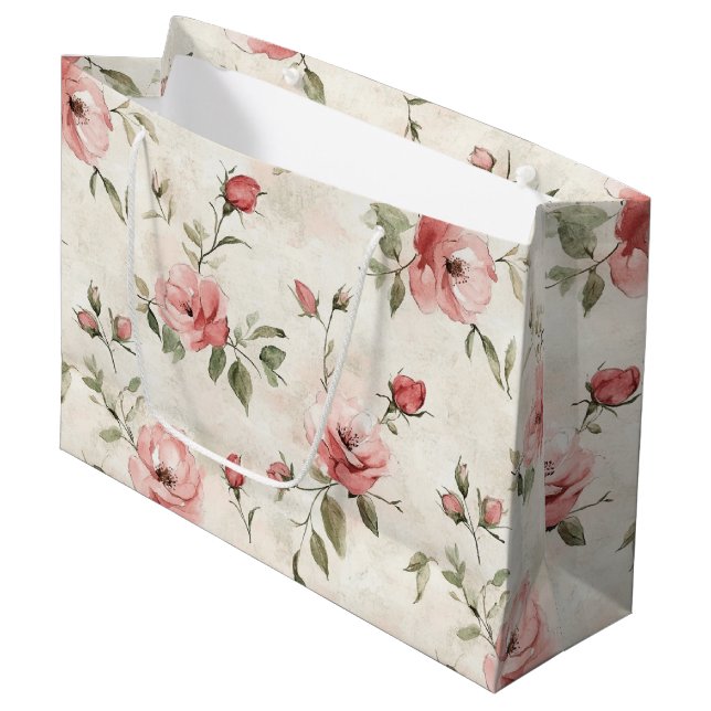 Grand Sac Cadeau Mariage Fleural de Roses Blush Ivoire (Devant Angle)